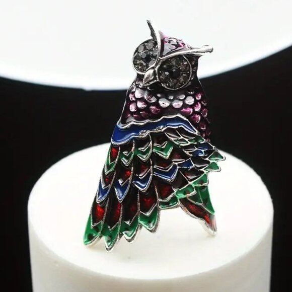 Owl Enamel Brooch Rhinestone Big Eyes Pin SIlver Bird Gems Coat Lapel Wings - Picture 1 of 4
